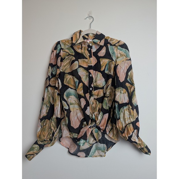 Luxxel Womens S Black Abstract Floral Button Down Button Cuff Long Sleeve Blouse - Picture 5 of 9